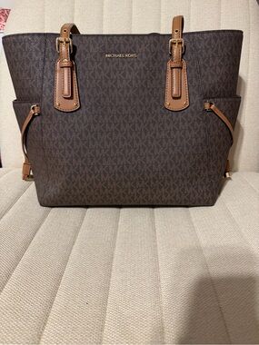 Michael Kors Dark Brown Logo Tote with Tan Leather Accents